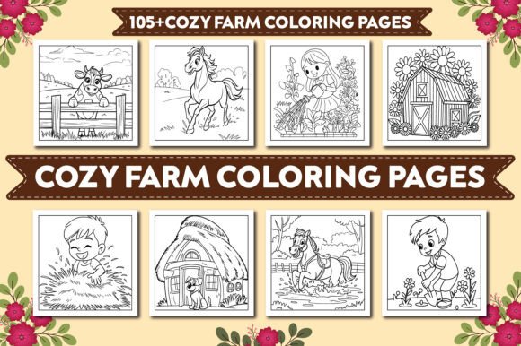 Cozy Farm Coloring Pages Collection featuring animals and countryside scenes