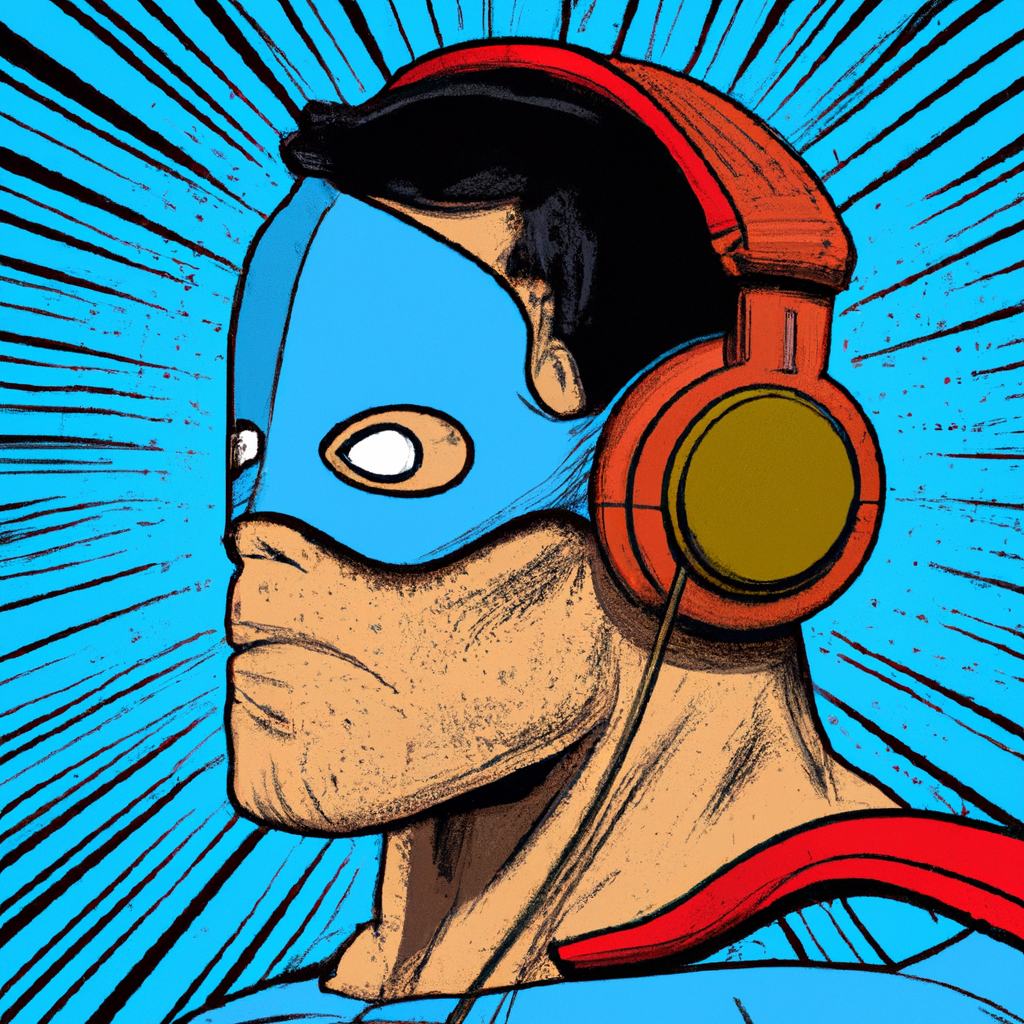 A comic book cover of a superhero wearing headphones