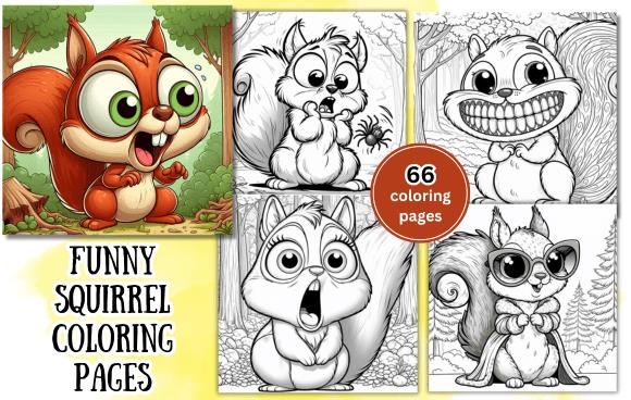 Playful cartoon squirrels coloring book cover with acorns and forest background