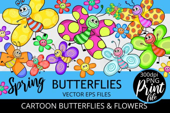 Spring butterflies and flowers cartoon clipart