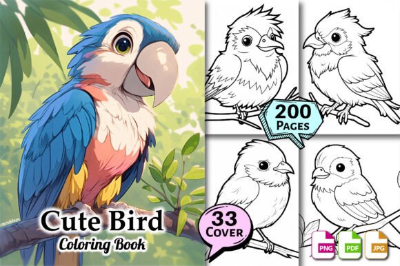 Cute Bird Coloring Book cover featuring parrot and bird illustrations