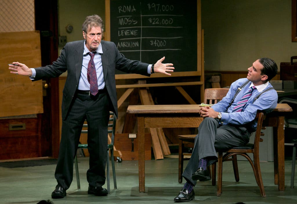 <strong>Glengarry Glen Ross </strong> Al Pacino, left, and Bobby Cannavale in a Broadway revival of David Mamet’s play, directed by Daniel Sullivan, at the Schoenfeld Theater.