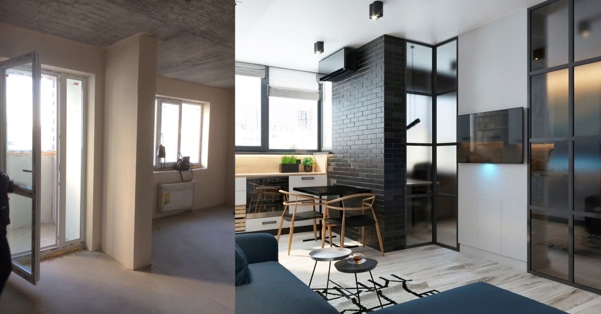 Дизайн однокомнатной квартиры в Киеве.  Гостиная фото до и после