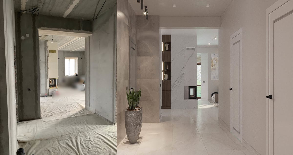 Дизайн интерьера коттеджа. Коридор Фото до и после