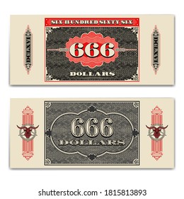 Paper money. Black red gray banknote of six hundred sixty six dollars with guilloche grid. 666. Emblem goat. EPS10