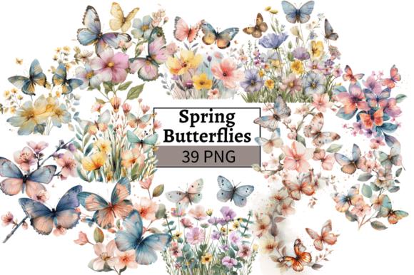 Watercolor spring butterflies and flowers clipart collection