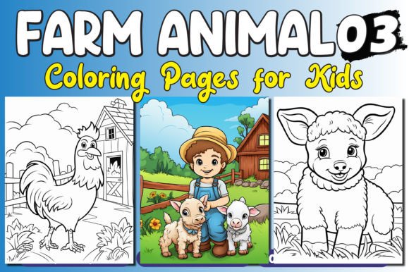 Farm animals coloring page with boy and barn
