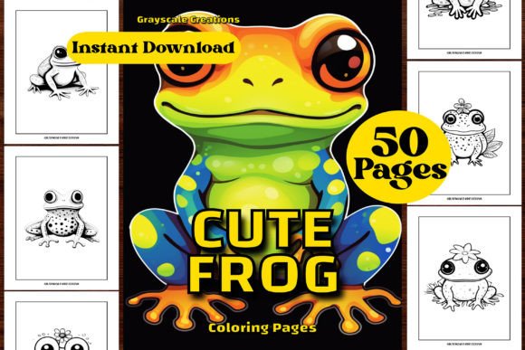 Cute cartoon frog on lily pad with 'CUTE FROG' text and aquatic plants