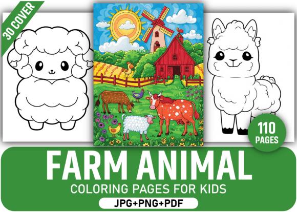 Farm Animal Coloring Book Cover featuring sheep, barn, and llama