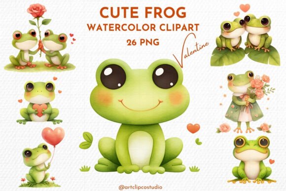 Cute Frog Watercolor Clipart featuring a playful green frog