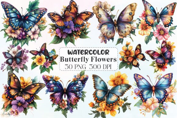 Watercolor Butterfly Flowers Clipart Collection