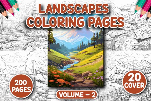 Landscapes Coloring Book Cover featuring mountains, trees, and stream illustration