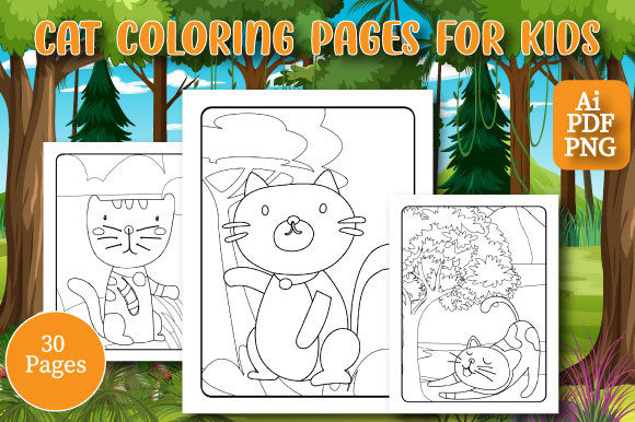 Cat Coloring Pages for Kids featuring playful kittens in a forest setting