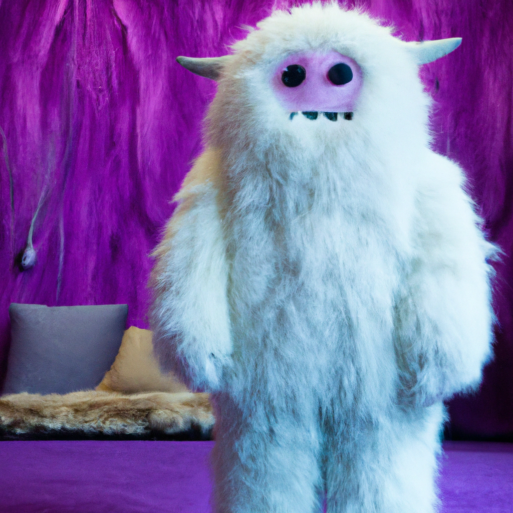 A photo of a white fur monster standing in a purple room
