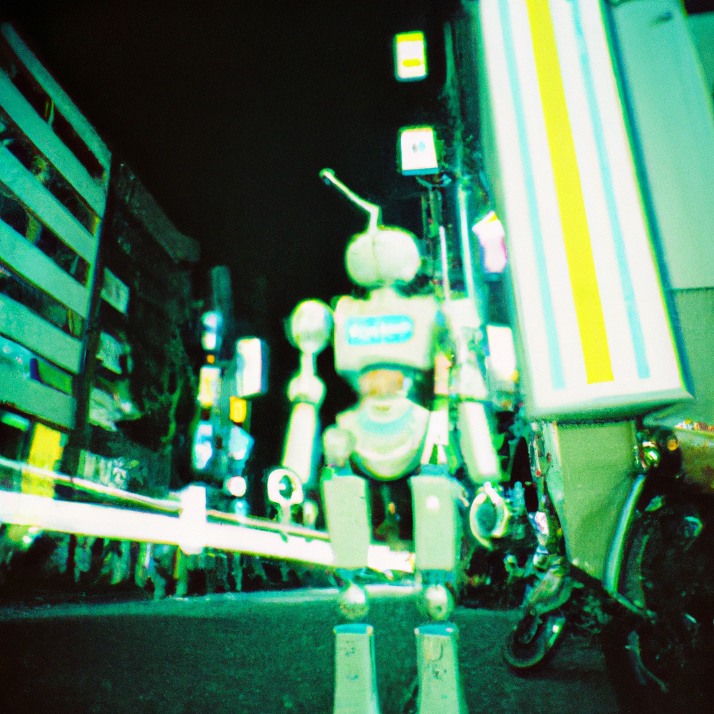 A photograph of a cyborg exploring Tokyo at night, lomography
