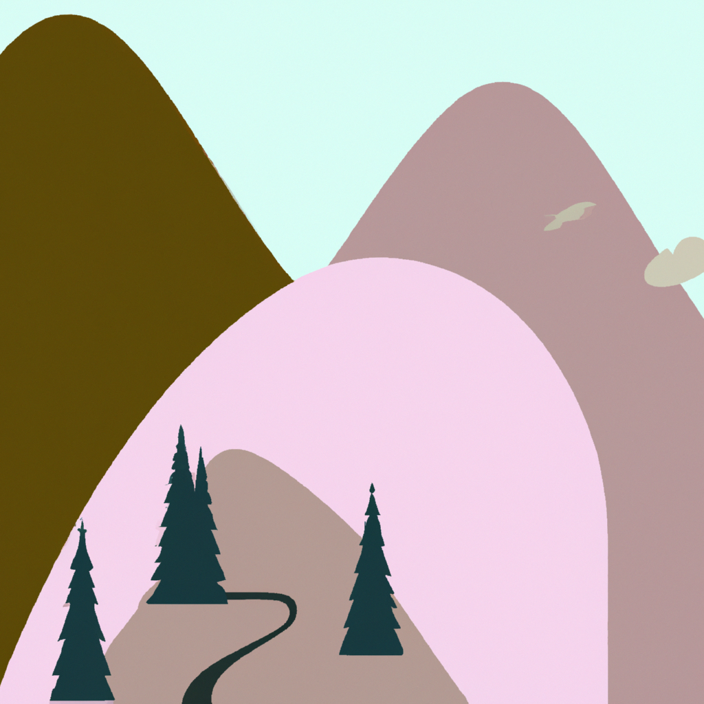 Illustration of mountain in three dark shades and some trees and a road around the mountain.