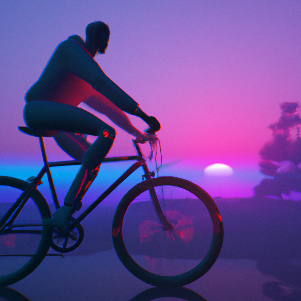3d person riding a bike with synthwav sunrise
