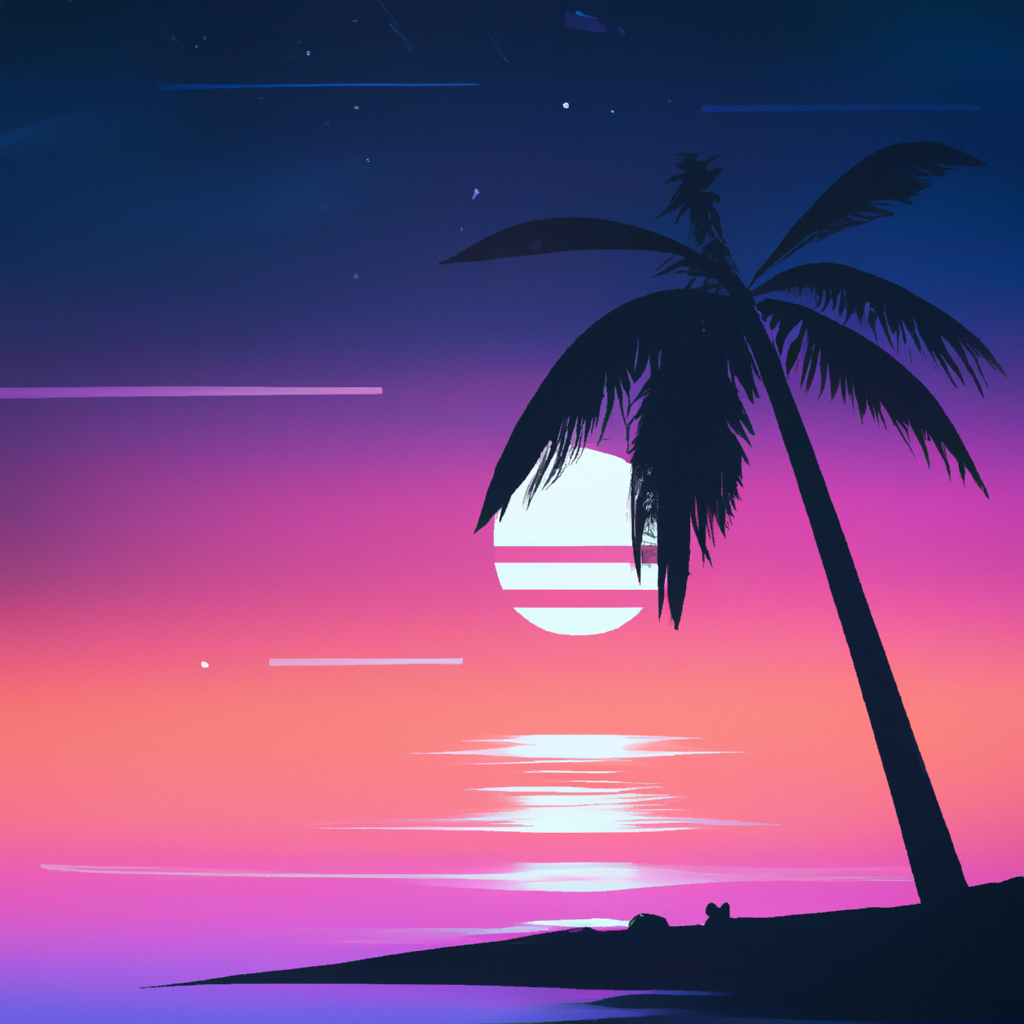 Beach synthwave sunset with coconut tree.
