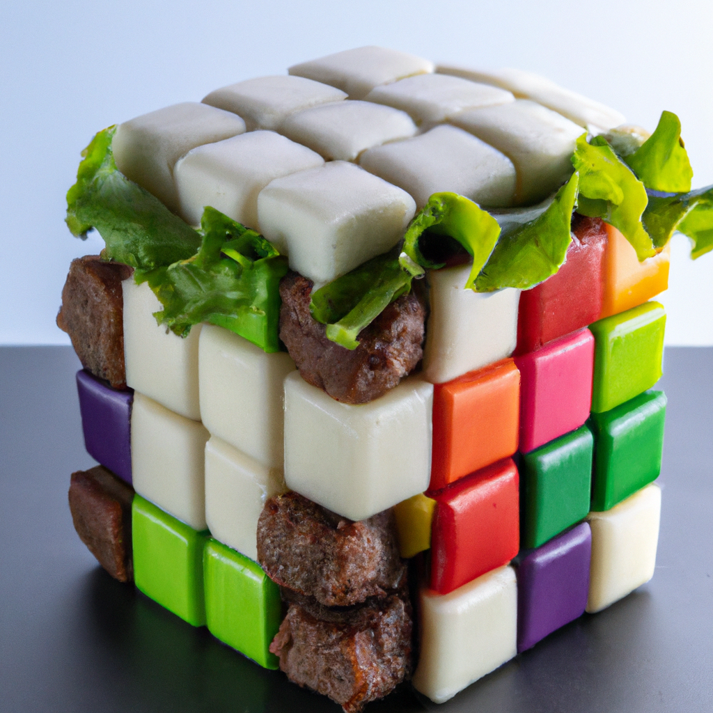 A hamburger in the shape of a Rubik’s cube, professional food photography