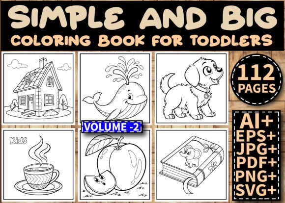 Simple coloring book cover with house, whale, dog, coffee cup, apple, and book+mouse illustrations