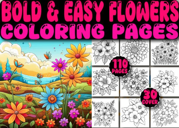 Cover of Bold & Easy Flowers Coloring Pages featuring floral designs and preview pages
