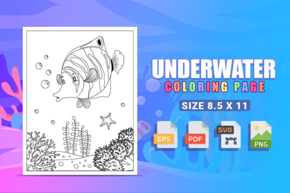 Underwater coloring page featuring fish, seaweed, and bubbles