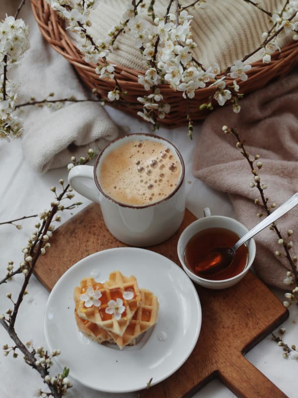 Heart-Shaped Waffles with Syrup & Edible Flowers