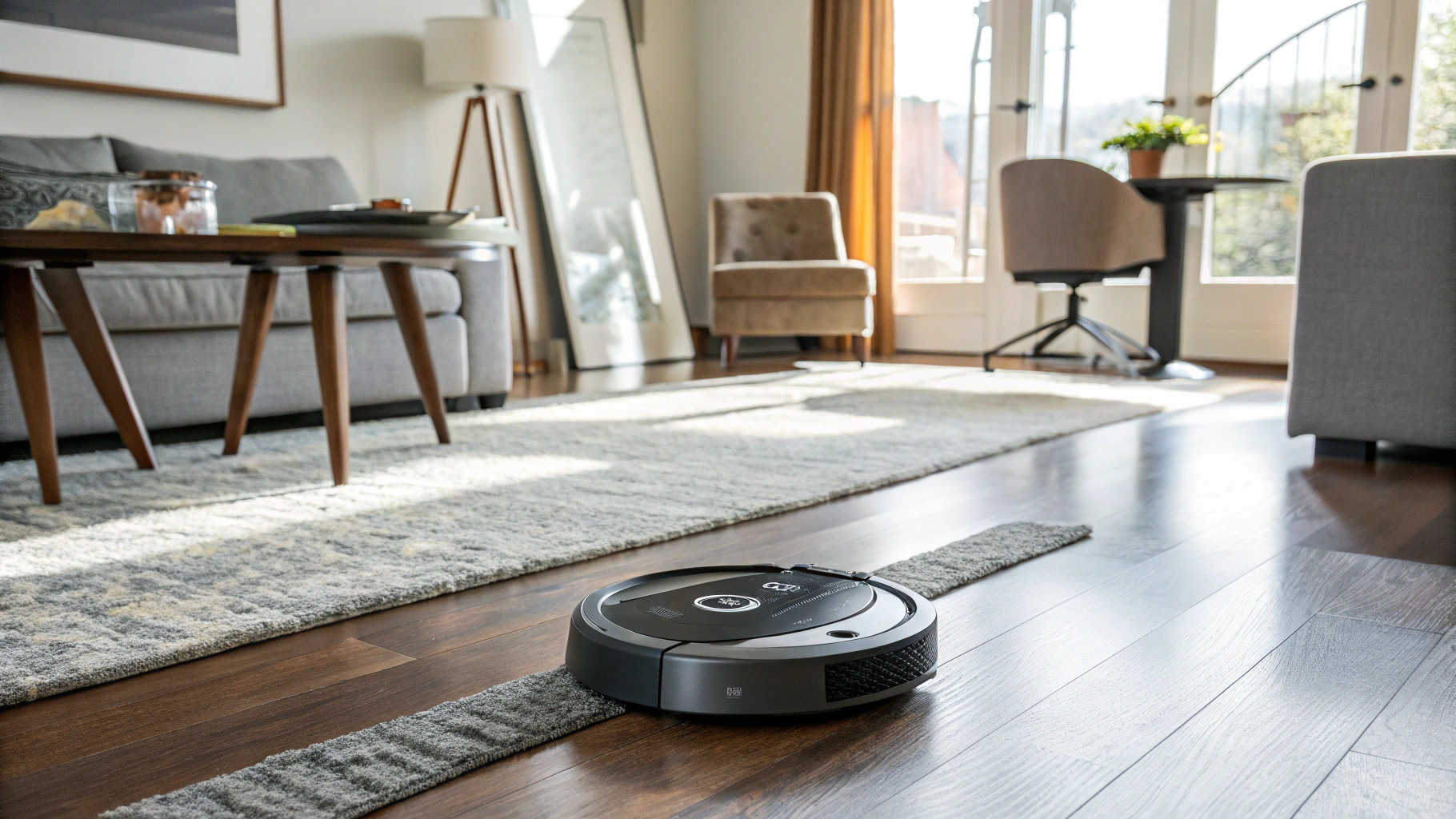 Robotic Vacuum Cleaner in Action on Hardwood and Carpet
