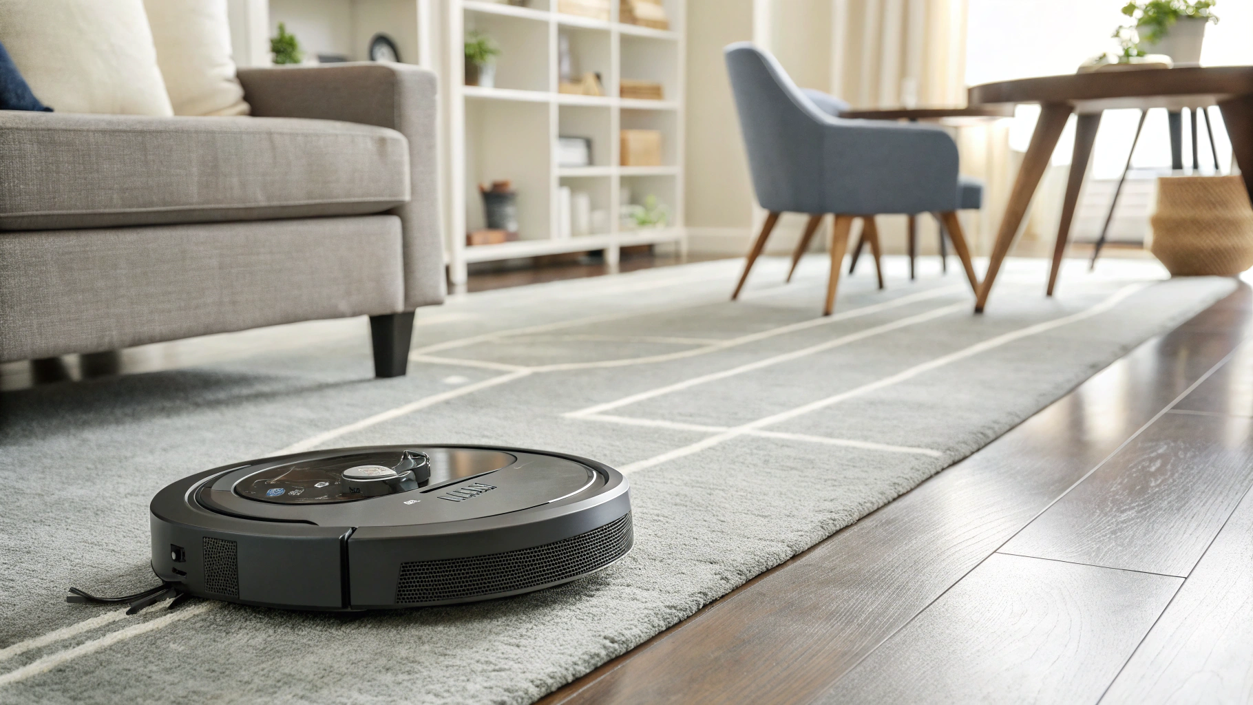Scene of Robotic Vacuum with Key Features Highlighted