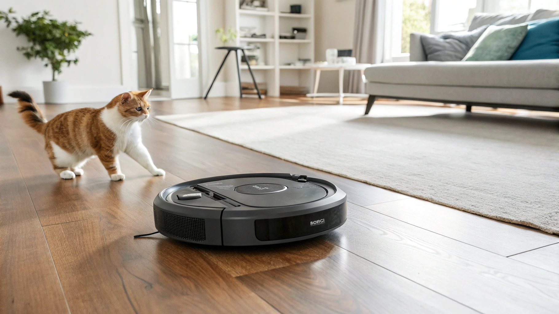 Robotic Vacuum in Action on Hardwood Floor with Cat Nearby