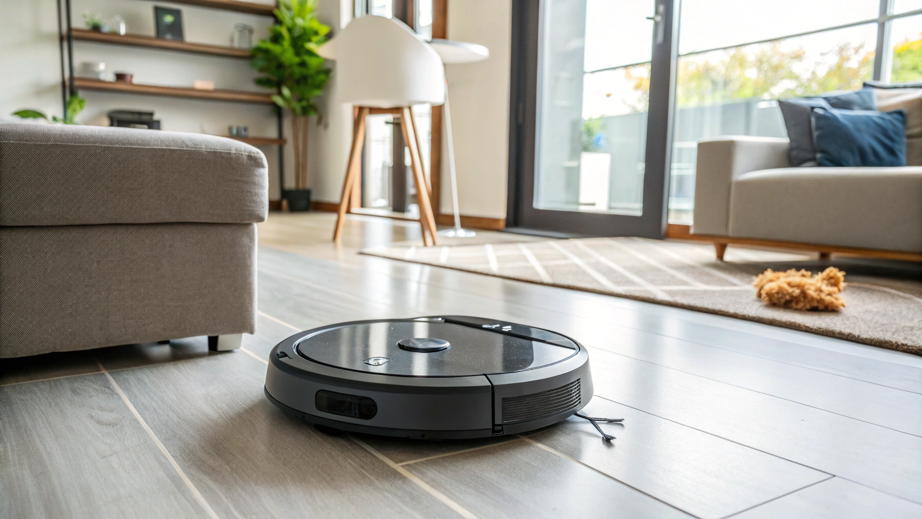 Self-emptying robot vacuum in a modern urban apartment