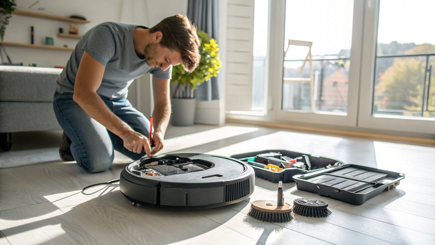 Robot Vacuum Maintenance Scene