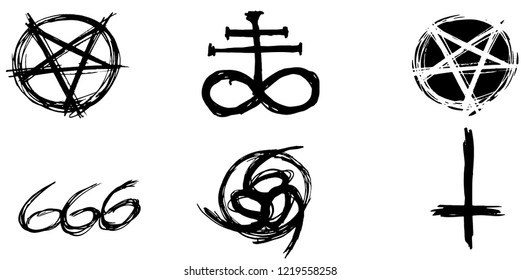 Set of hand drawn satanic occult signs and mystic symbols. Inverted pentagram, 666, number of the beast, leviathan cros and inverted cros. Can be used for mobile, infographic, website, app or tattoo.