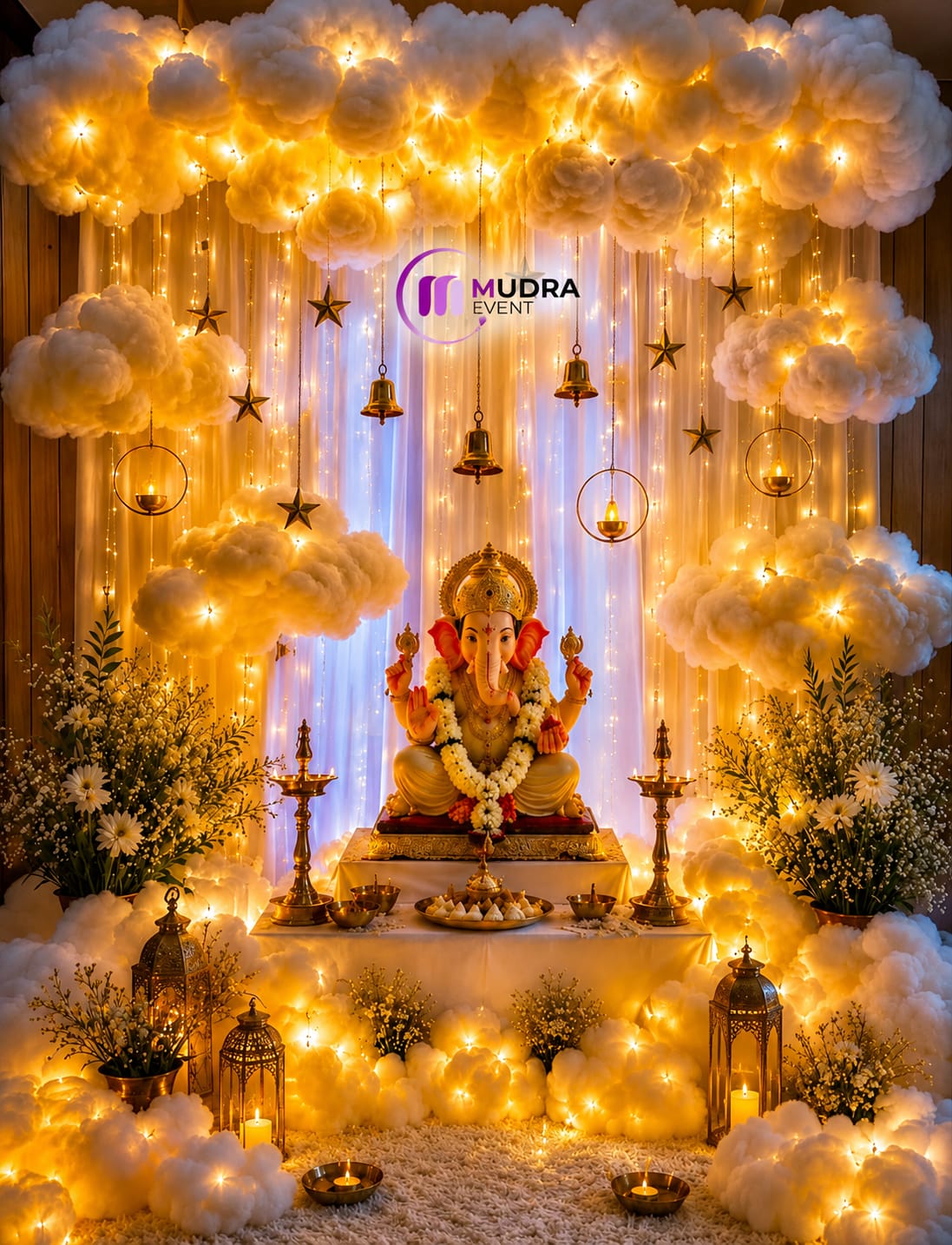 Dreamy Cloud Theme Ganpati Decoration with Warm Fairy Lights