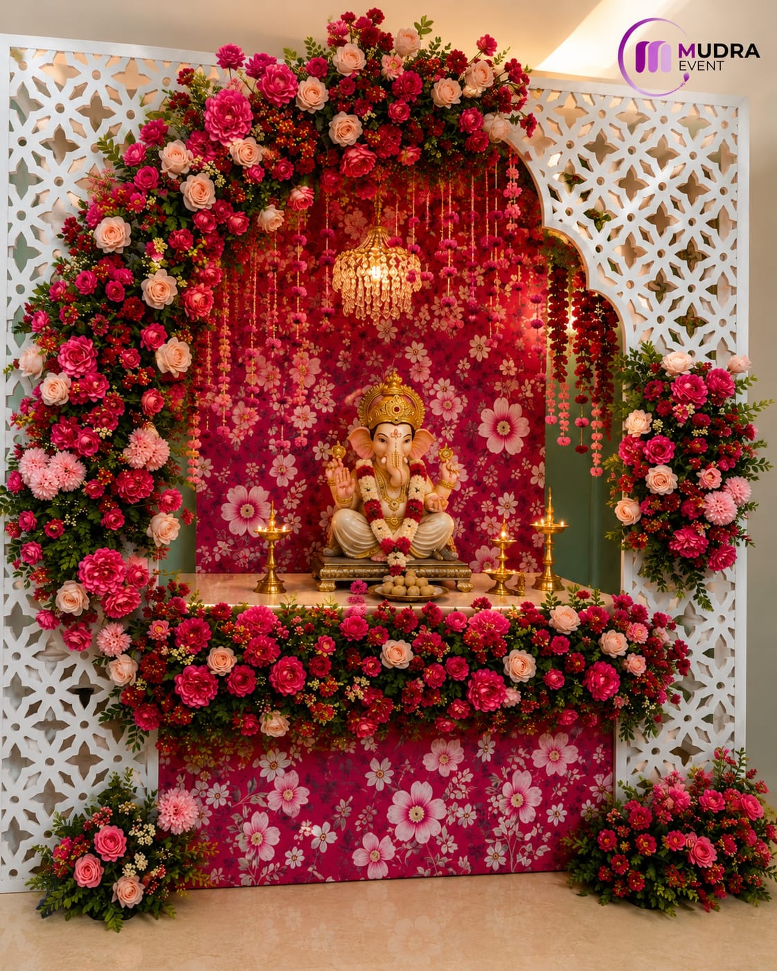Royal Pink Floral Arch Ganpati Decoration
