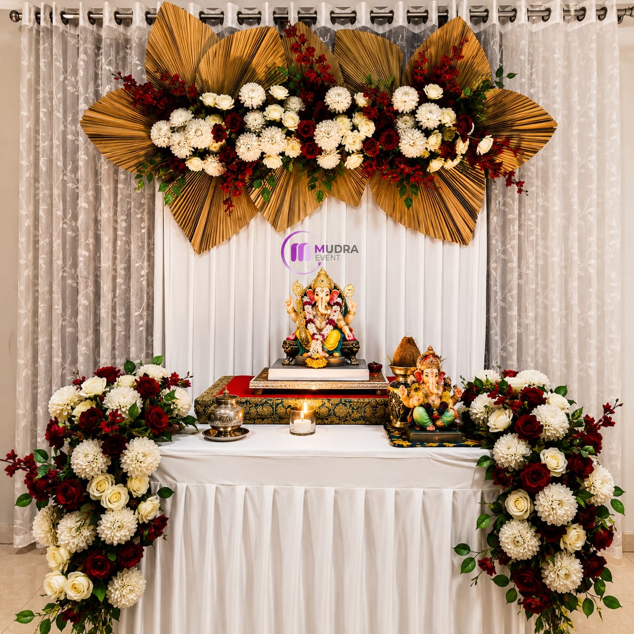 Elegant White & Burgundy Floral Ganpati Decoration with Palm Leaf Backdrop