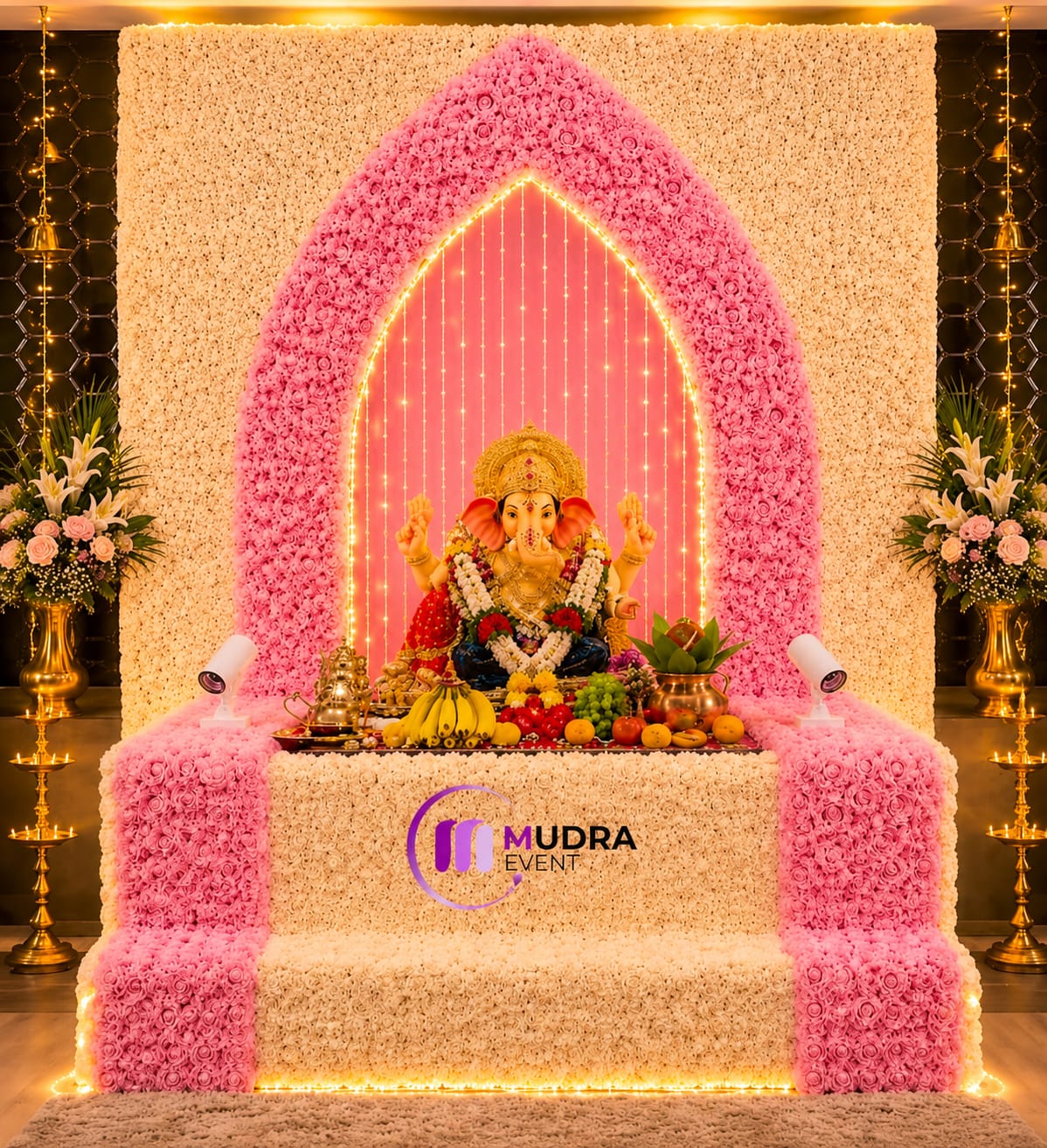 Luxury Pink & White Floral Arch Ganpati Decoration