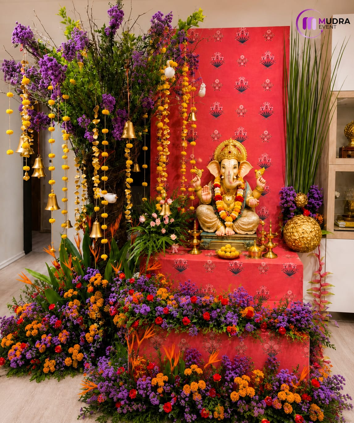 Royal Floral Garden Ganpati Decoration with Hanging Bells