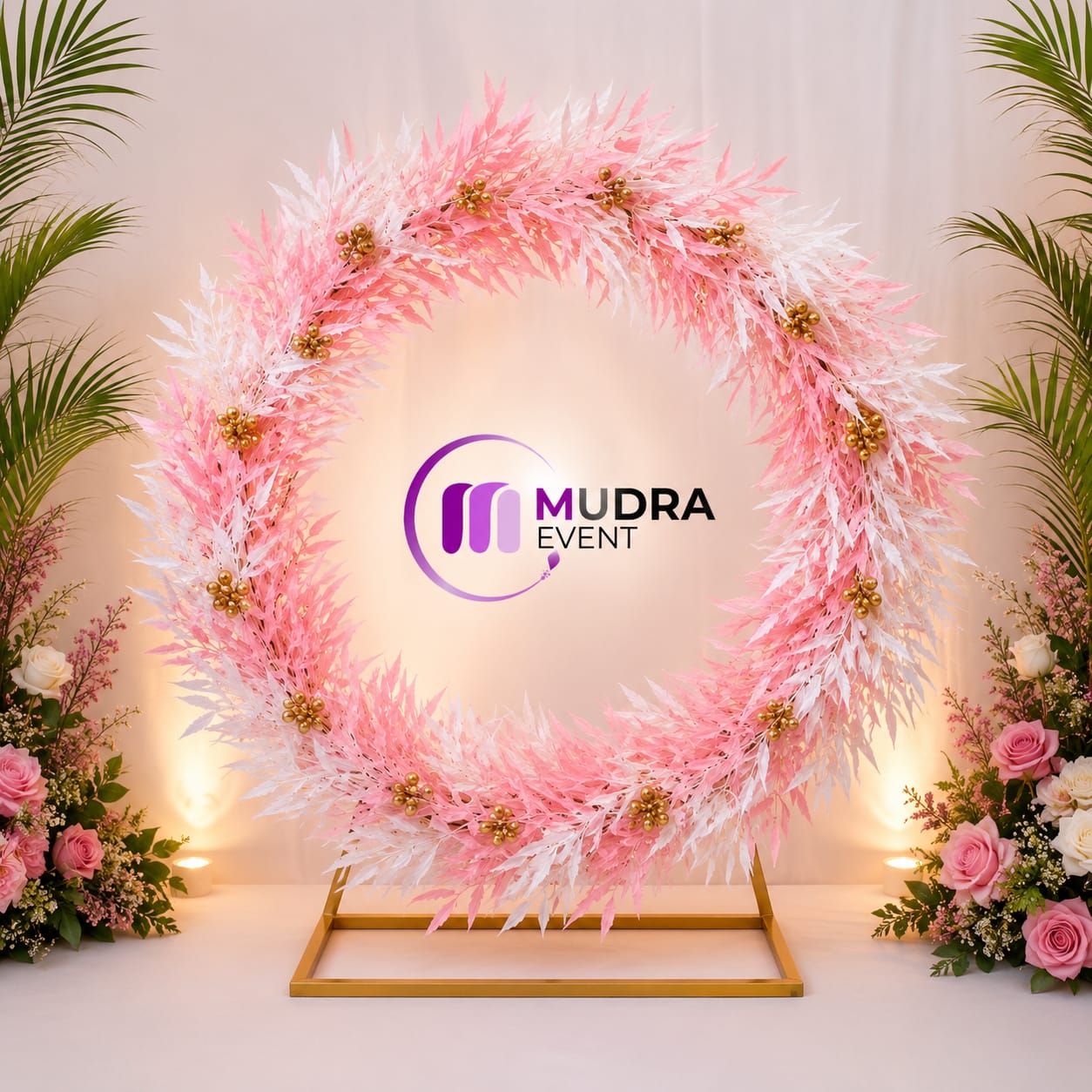 Elegant Pink & White Circular Floral Ring Ganpati Decoration