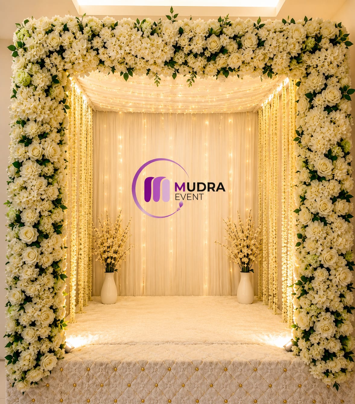 Royal White Floral Canopy Ganpati Decoration with Fairy Lights