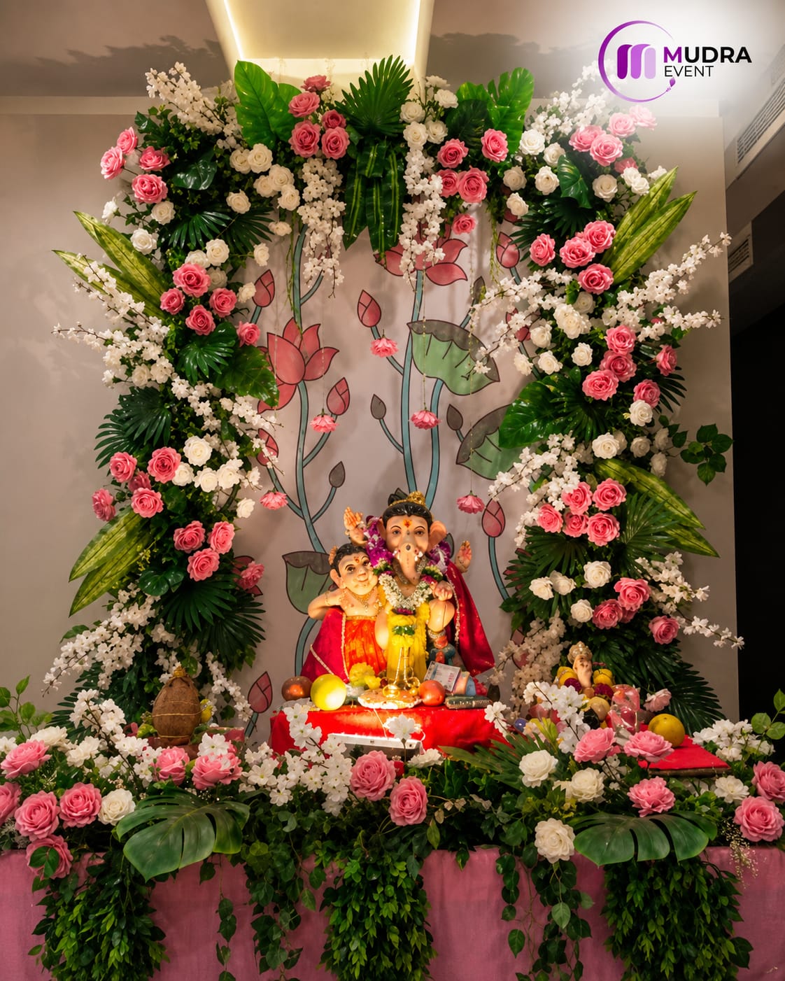 Elegant Pink Floral Garden Ganpati Decoration