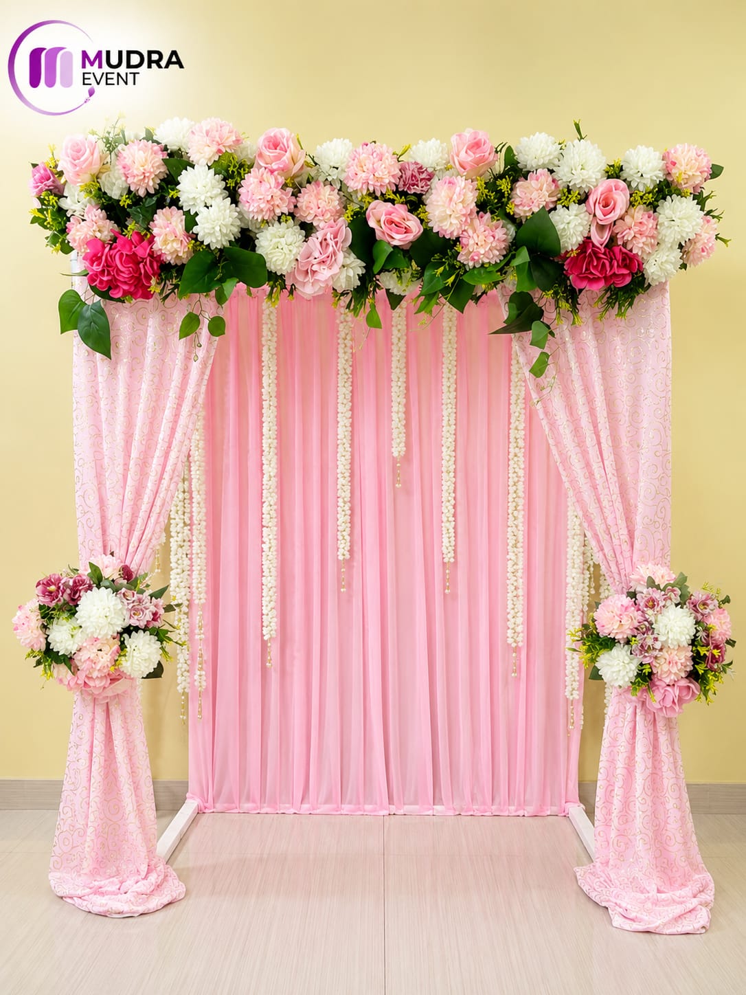 Elegant Pink Floral Backdrop Ganpati Decoration