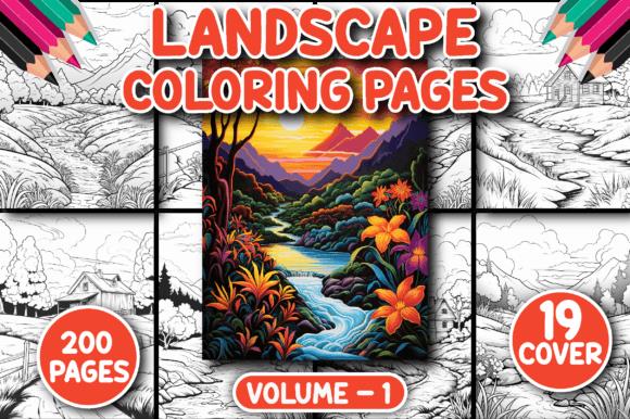 Landscape Coloring Book Cover with Mountains and River