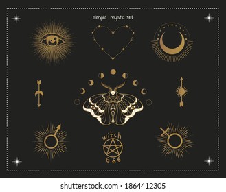 magic witch symbols: moon, moth, eye, sun, 666, heart, occult witchcraft