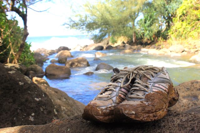 muddy hiking shoes on the Kalalau Trail