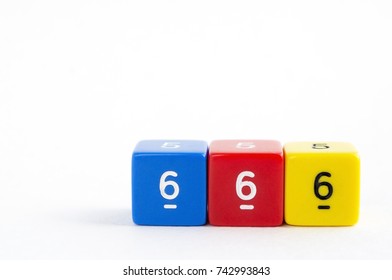 Yellow, blue and red d6 dices for rpg, dnd, tabletop or board games. 666