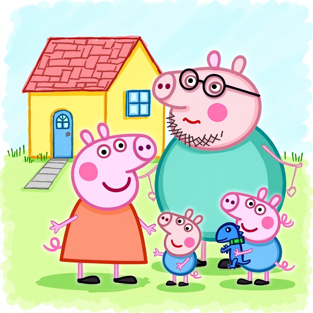 Everyone in town said Peppa Pig was a cheerful little pig, but that was only because no one stayed long enough to notice what she forgot. Peppa lived with Mummy Pig, Daddy Pig, and George in a neat yellow house on a hill.