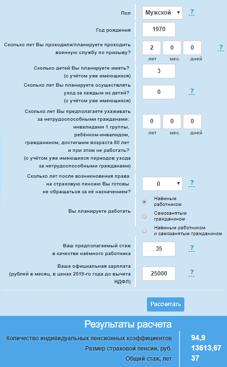 Калькулятор расчета пенсии по старости в 2019 году