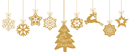 Merry christmas. christmas elements hanging line gold isolated background.