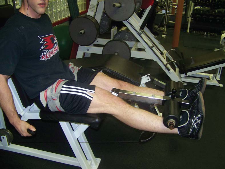 Figure 3: Dr. Jeremy Loenneke showing a knee extension resistance exercise with practical application of knee wraps for BFR training (7).